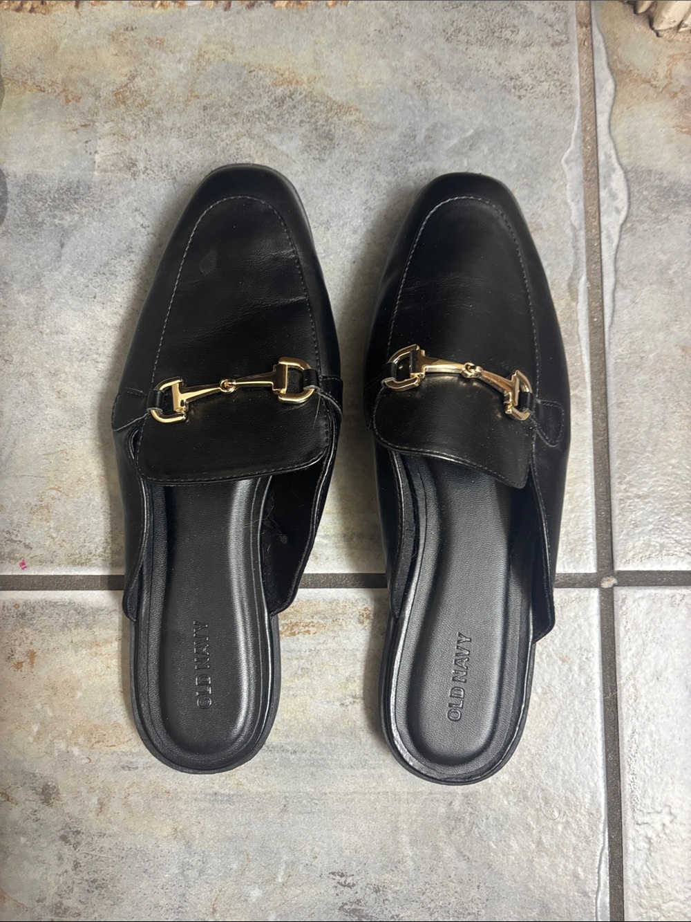 Old Navy Black Faux-Leather Slip-On Mules with Gold Bit